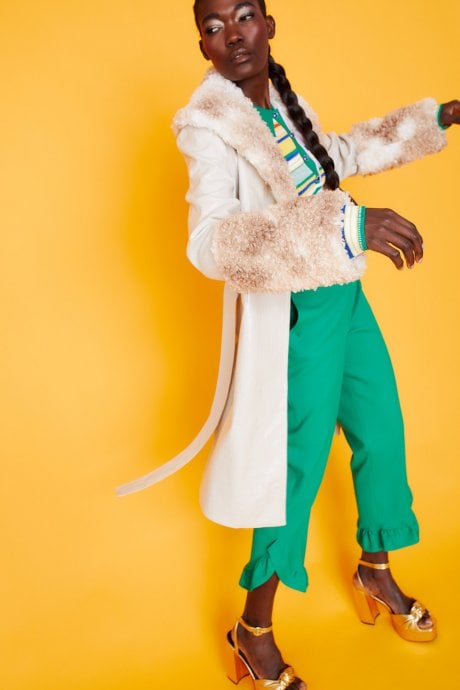 Mocha and Cream Faux Suede Aurora Coat with Faux Shearling Cuff & Collar
