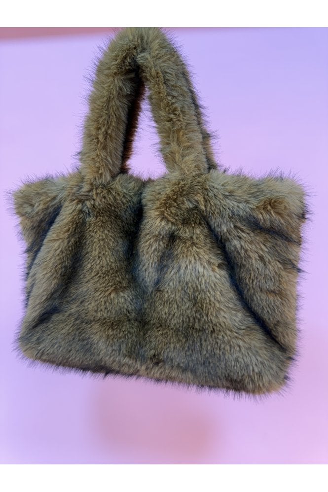 JAYLEY Mocha Bamboo Blend Faux Fur Large Tote Bag 