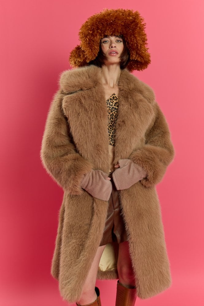 JAYLEY Mocha Bamboo Blend Faux Fur Oversized Coat 