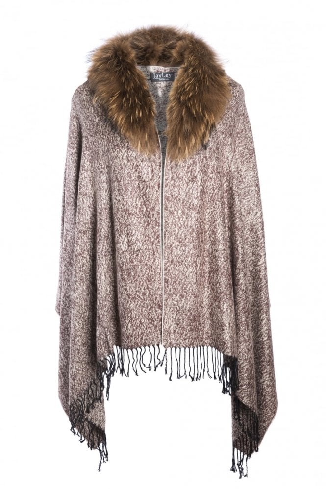 JAYLEY Mocha Cashmere And Silk Wrap with Fox Fur Collar