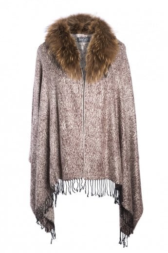 Mocha Cashmere And Silk Wrap with Fox Fur Collar