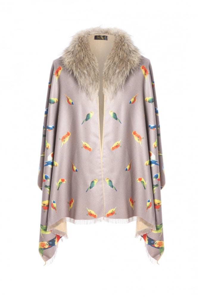 JAYLEY Mocha Cashmere And Silk Wrap with Fox Fur Collar