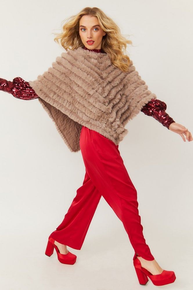 JAYLEY Mocha Cashmere Blend Faux Fur Poncho