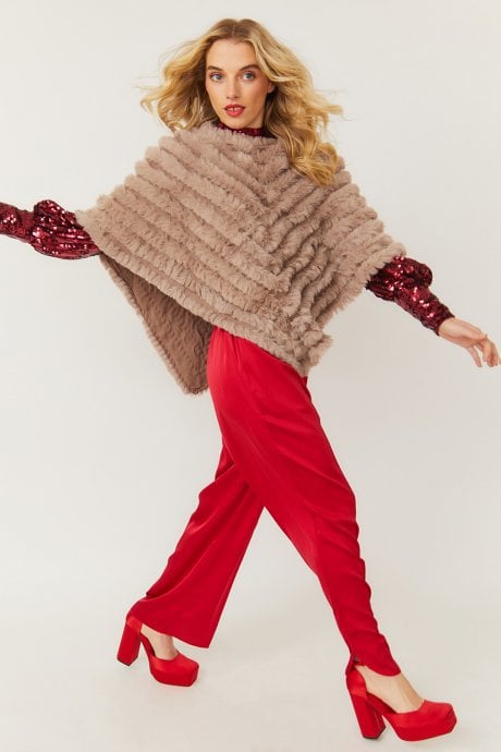 Mocha Cashmere Blend Faux Fur Poncho