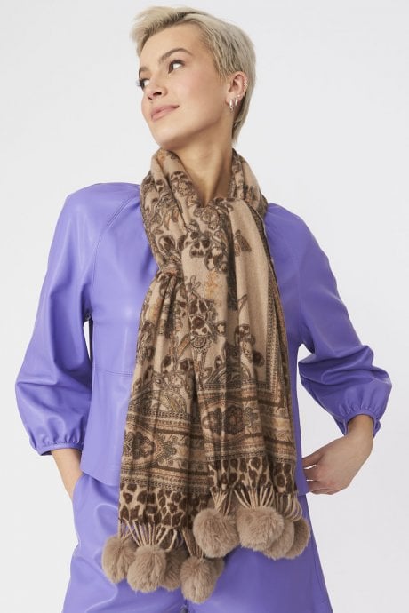 Mocha Cashmere Blend Wrap with Faux Fur Poms