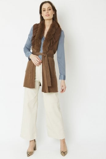 Mocha Cashmere Gilet With Fox Fur Feature Collar