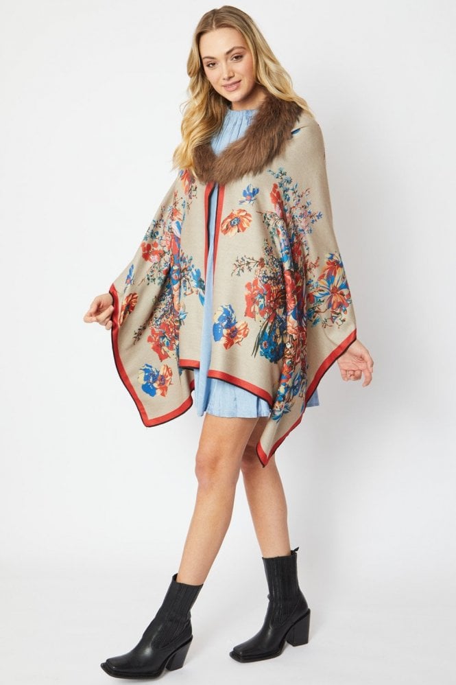 JAYLEY Mocha Cashmere Wrap with Fox Fur Collar