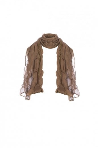 Mocha Chiffon Silk Scarf with Pearls