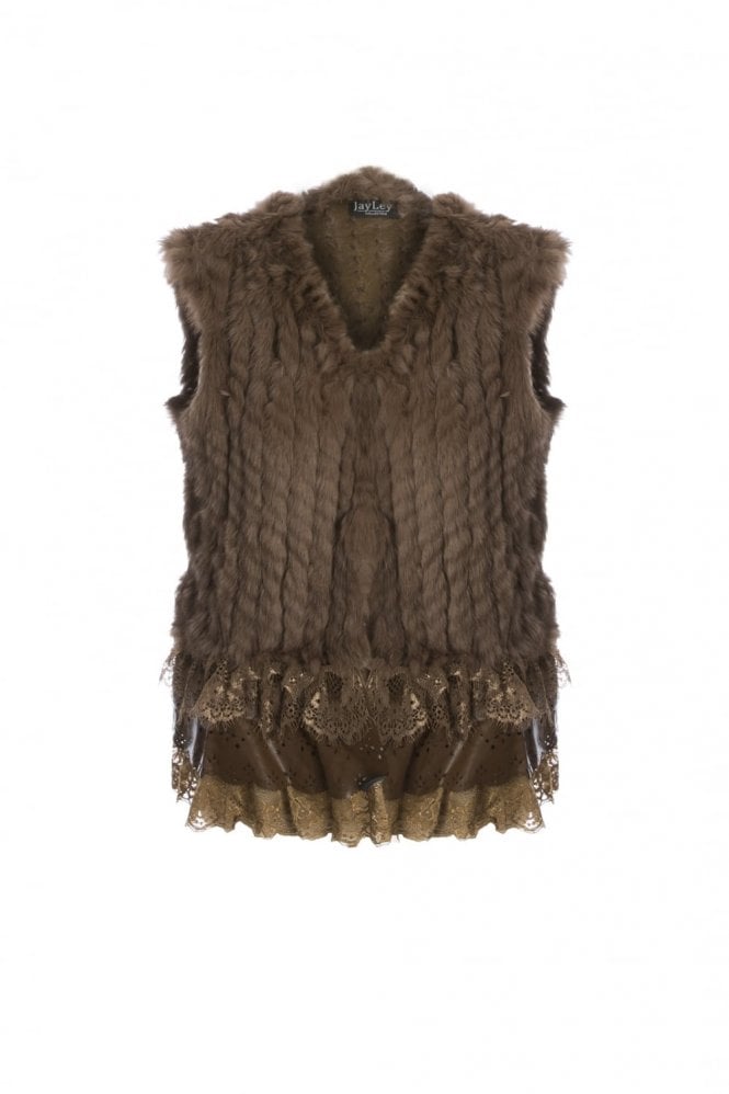 JAYLEY Mocha Coney Fur Gilet with Leather Lace trim