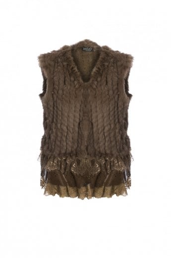 Mocha Coney Fur Gilet with Leather Lace trim