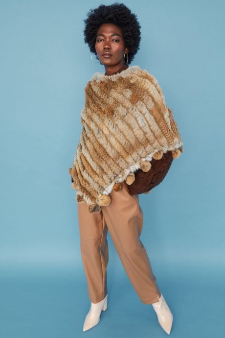 Mocha Coney Fur Poncho with Pom Poms