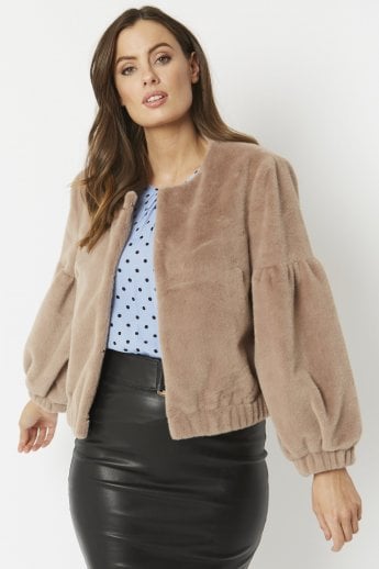Mocha Faux Fur Cropped Jacket with Puff Sleeves