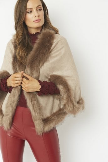 Mocha Faux Fur Faux Suede Cape Jacket
