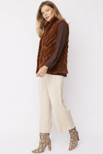 Mocha Faux Fur Faux Suede Diagonal Stripe Gilet | Waistcoat
