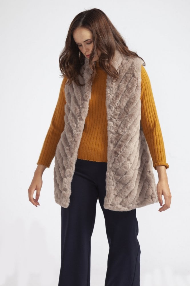 JAYLEY Mocha Faux Fur Faux Suede Diagonal Striped Long Vest