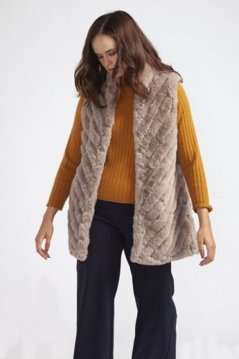 Mocha Faux Fur Faux Suede Diagonal Striped Long Gilet | Waistcoat