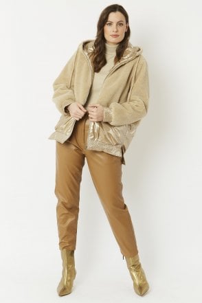 Mocha Faux Fur Hooded Zip Jacket with Metallic Trim