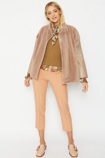 Mocha Faux Fur Jacket with Leather Effect Sleeve