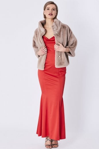 Mocha Faux Fur Jacket With Pearls