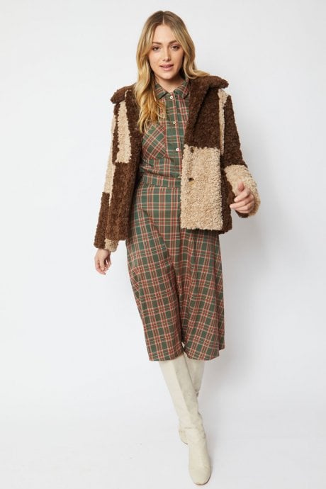 Mocha Faux Shearling Checkered Oversized Coat