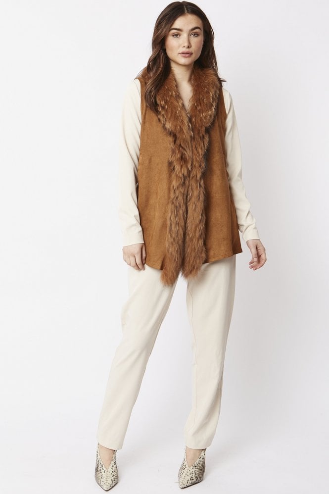JAYLEY Mocha Faux Suede and Fox Fur Gilet