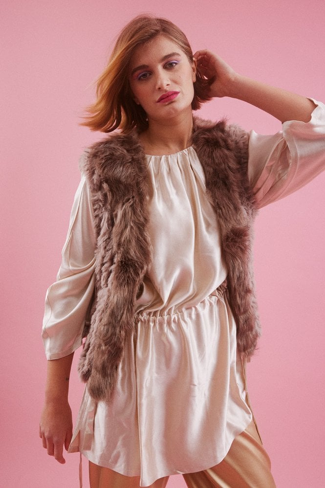JAYLEY Mocha Faux Suede and Knitted Faux Fur Vest