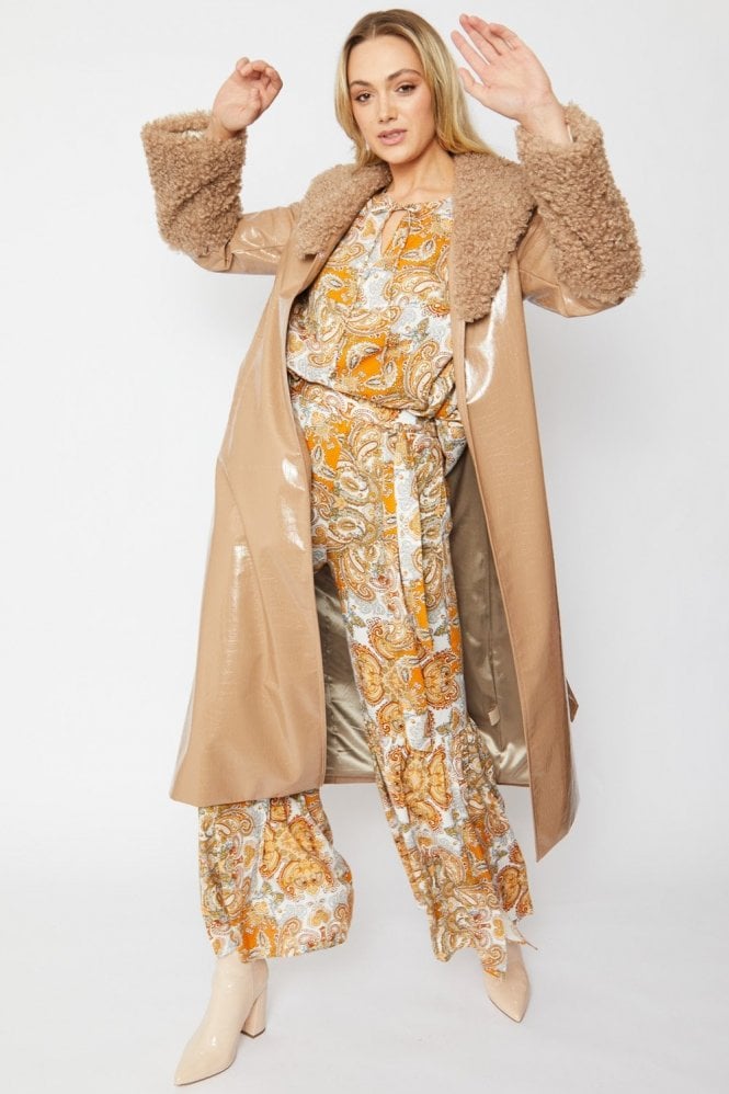 JAYLEY Mocha Faux Suede Coat With Detachable Faux Shearling Cuffs & Collar