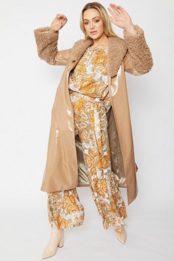 Mocha Faux Suede Coat With Detachable Faux Shearling Cuffs & Collar