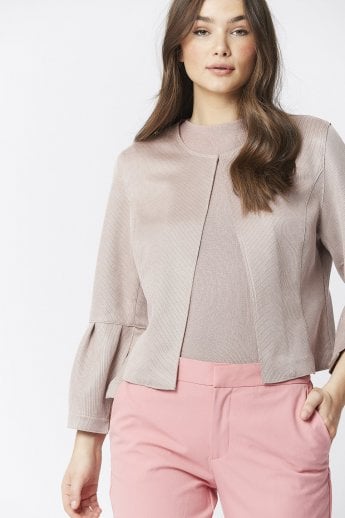 Mocha Faux Suede Cropped Jacket With Frill Sleeve