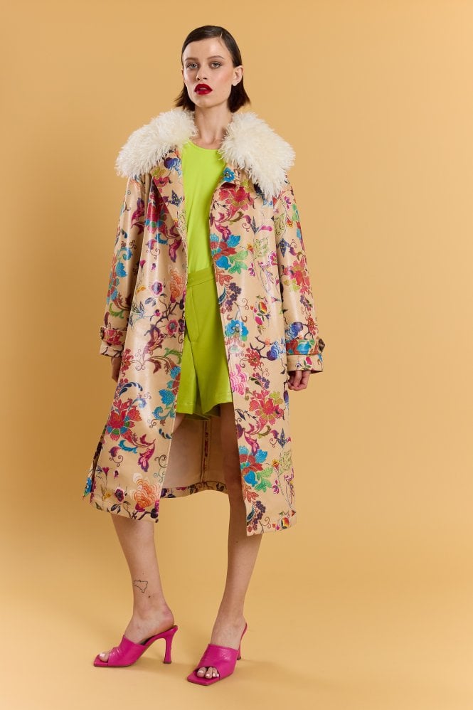 JAYLEY Mocha Faux Suede Embroidery Effect Trench Coat  