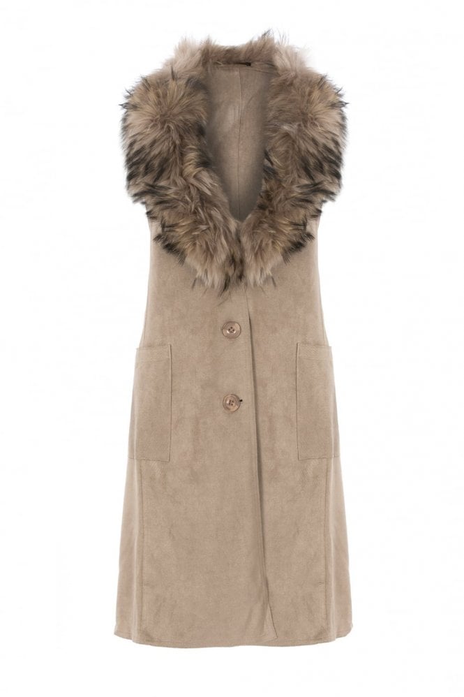 JAYLEY Mocha Faux Suede Fox Fur Collar Gilet