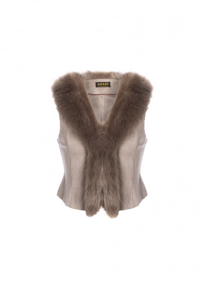 JAYLEY Mocha Faux Suede Gilet with Faux Fur Collar
