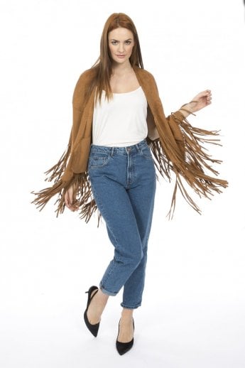 Mocha Faux Suede Tassel Cape With Pockets