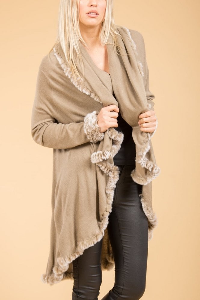 JAYLEY Mocha Fine Knit Sleeved Cape Jacket with Coney Fur Trim