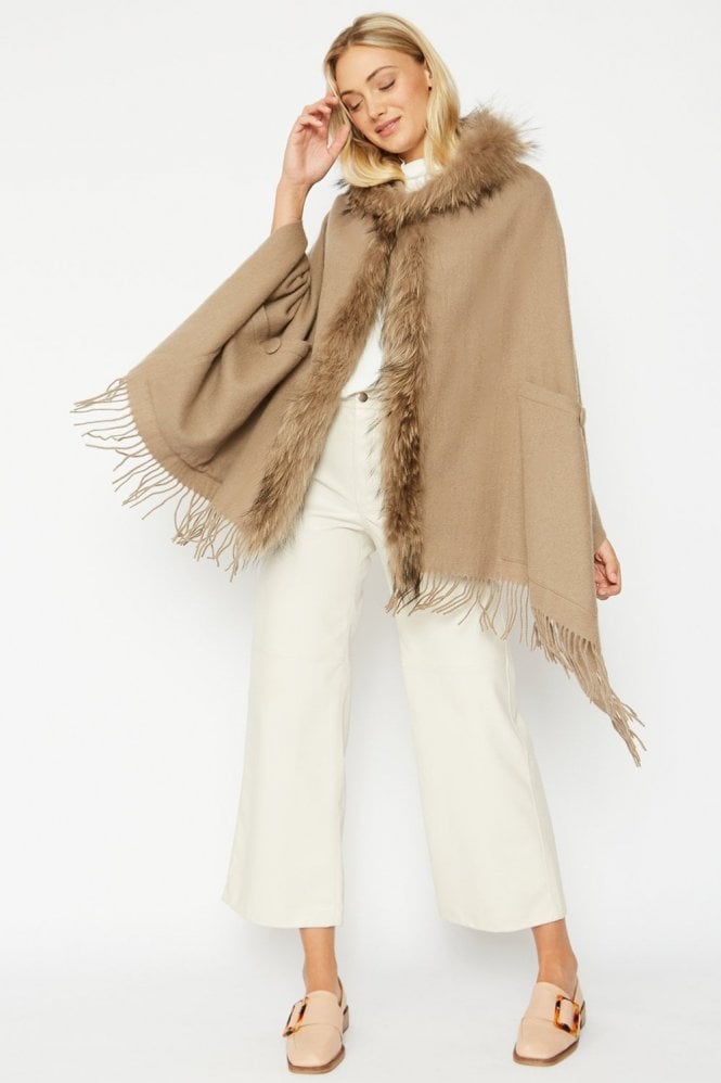 JAYLEY Mocha Lambswool Fox Hooded Wrap
