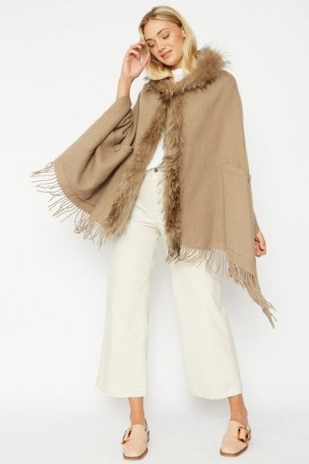 Mocha Lambswool Fox Hooded Wrap