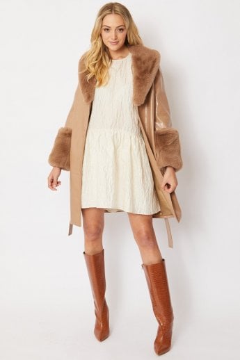 Mocha Luxury Faux Leather Aubrey Coat With Detachable Faux Fur Cuffs & Collar