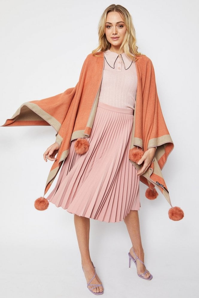 JAYLEY Mocha Luxury Reversible Cashmere Blend Pom Pom Wrap