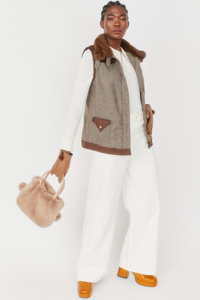 JAYLEY Mocha Luxury Tweed Gilet with Mink Collar