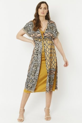 Mocha Mixed Animal Print Silk Blend Tie-Waist Kimono
