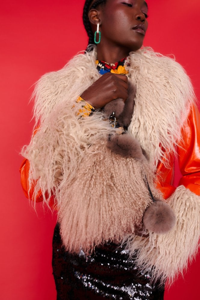 JAYLEY Mocha Mongolian Fur Bag With Pom Poms