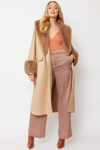 Mocha Oversized Faux Suede Jacket With Detachable Faux Fur Cuffs & Collar