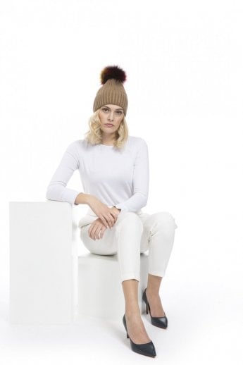 Mocha Silk and Cashmere Fox Fur Pom Pom Hat
