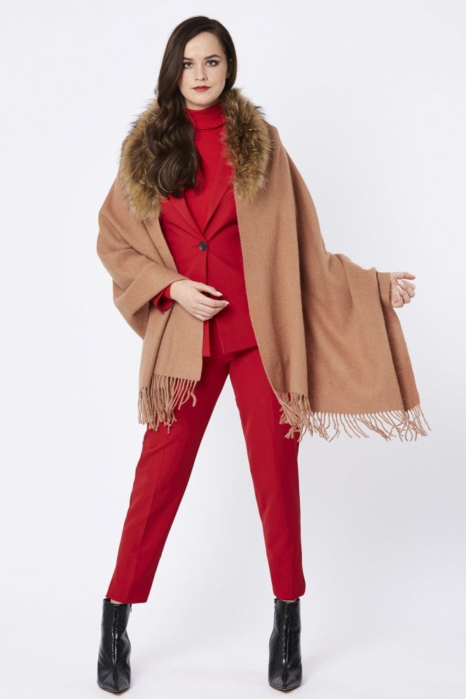 JAYLEY Mocha Wool Wrap with Fox Fur Collar