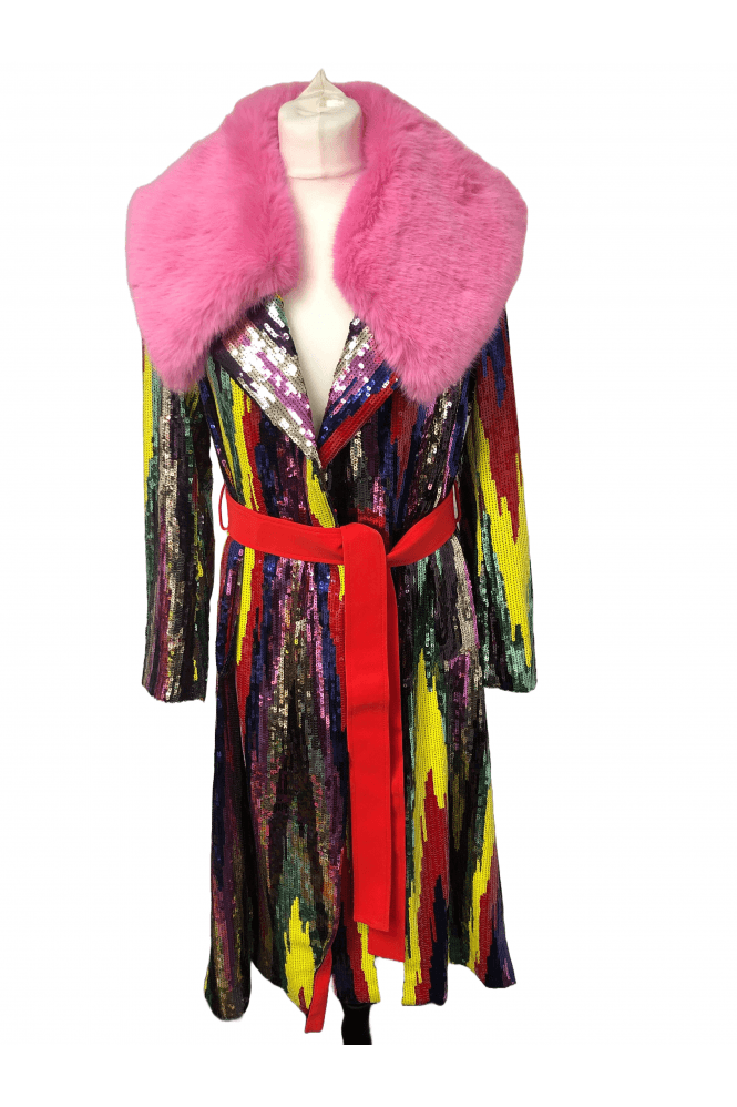JAYLEY Multi Bamboo Sequins Midi Trench Coat with Pink Collar  