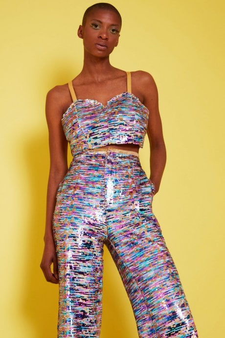 Multi-Coloured Geometric Sequin Crop Top