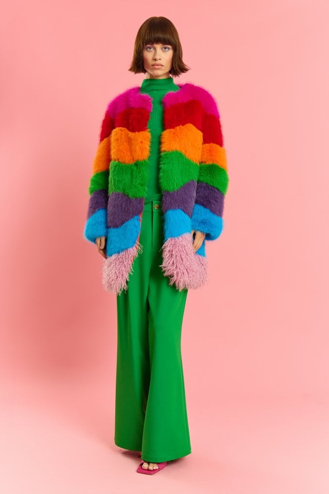 JAYLEY Multi Coloured Hand Made Rainbow Bamboo Faux Fur Midi Coat