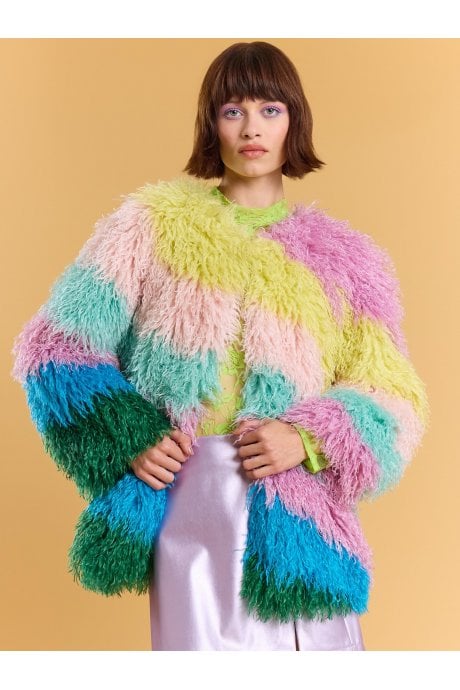 Multi Coloured Pastel Rainbow Faux Fur Coat 