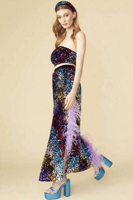 Multi Coloured Sequin Midi Skirt With Duel Feather Split
