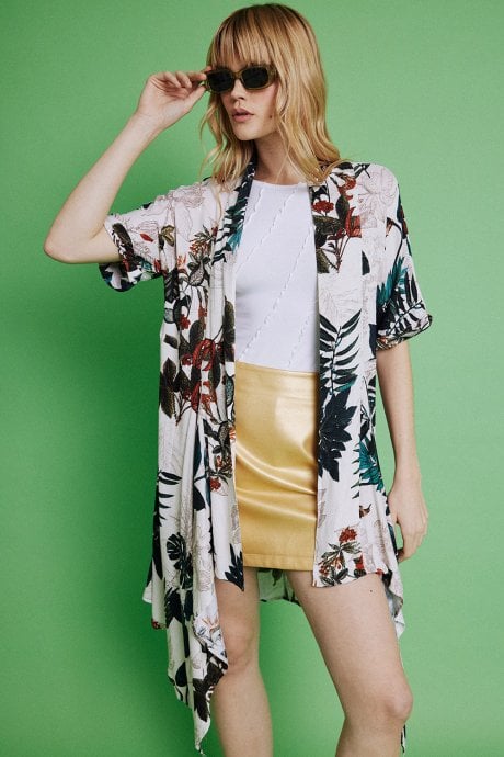 Multi Cotton Blend Tropical Palm Print Kimono Jacket